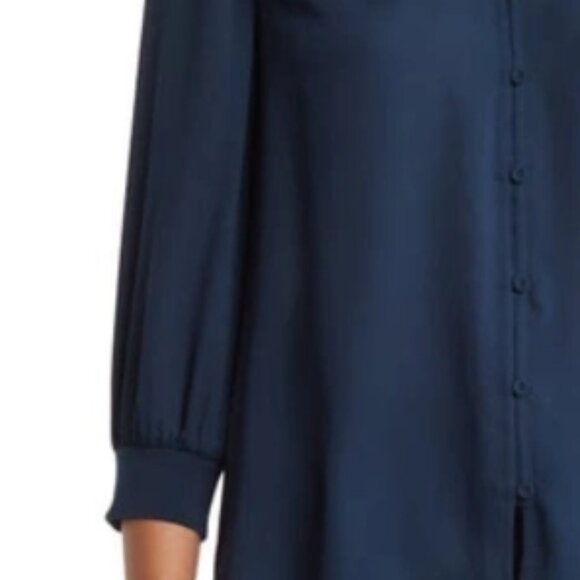 Navy Blue Ruffle Neck Button Down Blouse - Picture 12 of 14